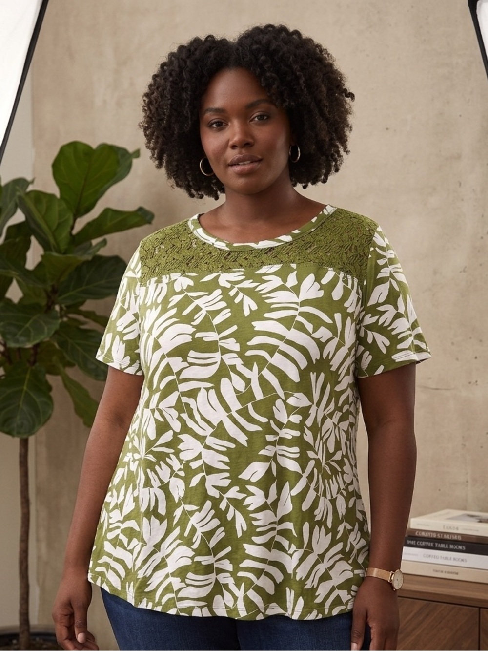 Olive Green Leaf-Print Short Sleeve Top
